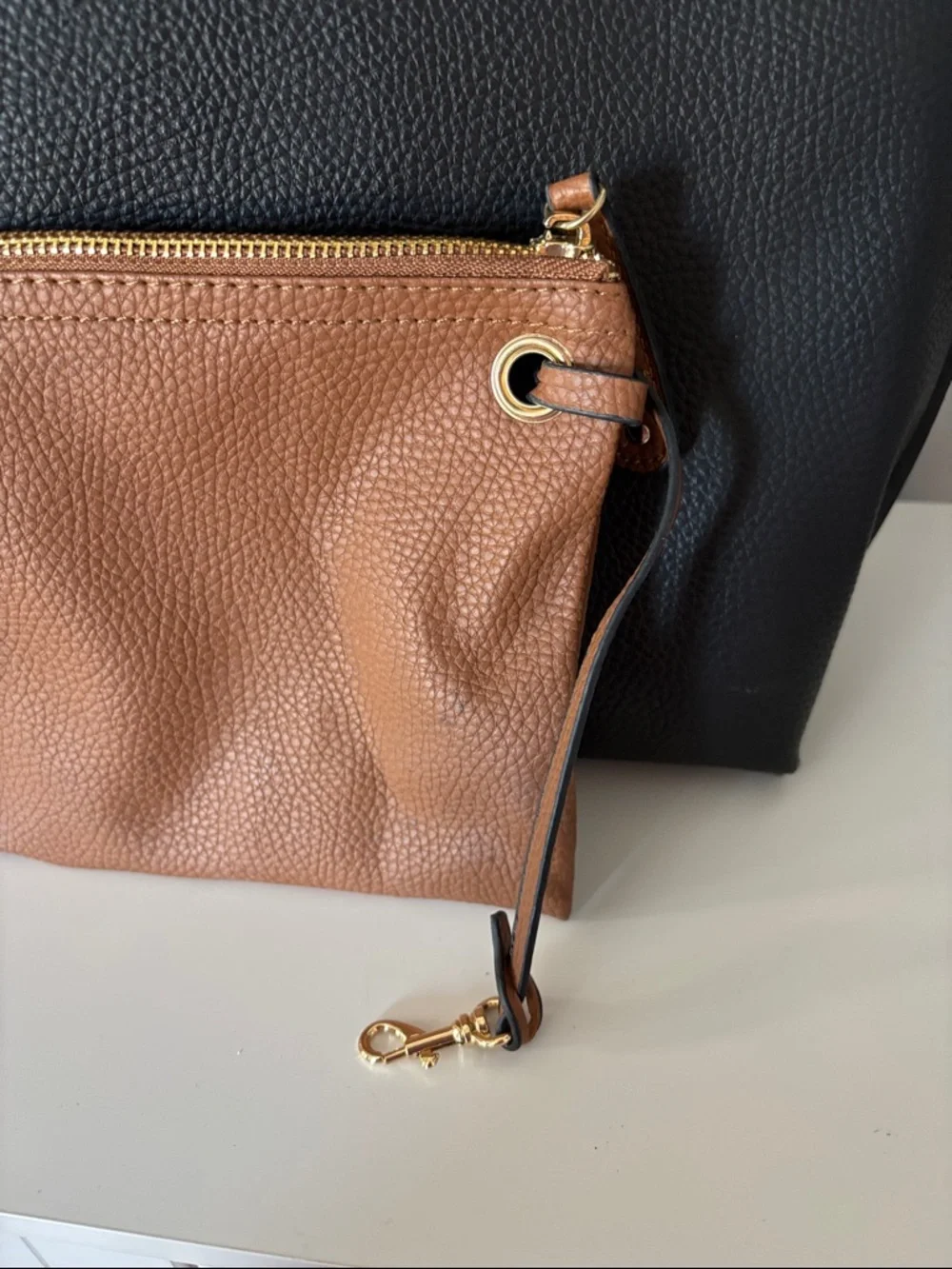 Large Black Leather Tote with Brown Accents